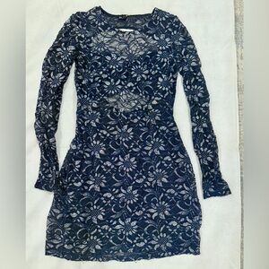 Express Navy Floral Lace Mini Dress | Sheer Long Sleeve | Open Back | Size S